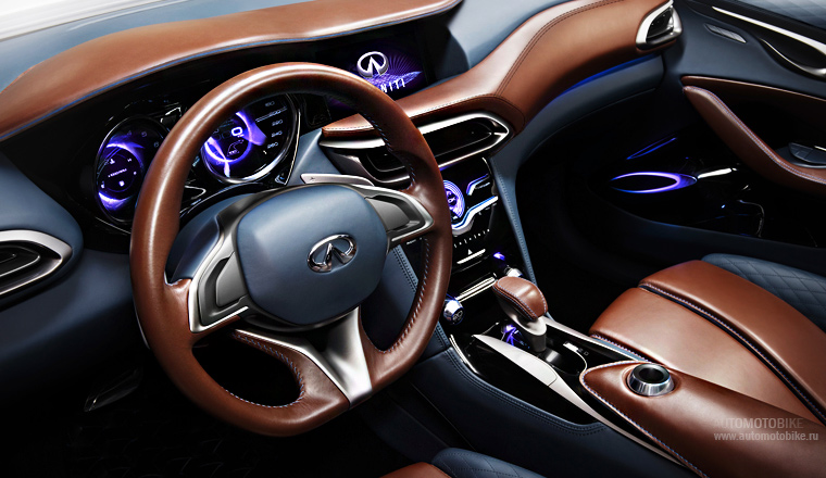 В интерьере концепта Infiniti QX30 сочетается премиальное удобство, уют, функциональность и безопасность. Отделка натуральной кожей Connolly в коричневых тонах с контрастной синей прострочкой подчеркивает то, что автомобиль относится к люксовым моделям. В интерьере концепта Infiniti QX30 сочетается премиальное удобство, уют, функциональность и безопасность. Отделка натуральной кожей Connolly в коричневых тонах с контрастной синей прострочкой подчеркивает то, что автомобиль относится к люксовым моделям.